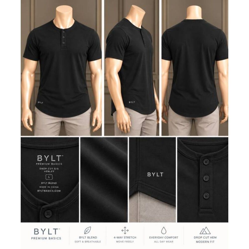 BYLT Premium Basics Men's Drop Cut S/S Henley Shirt Black Size L